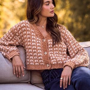 SO ME Soft Chenille Crochet Knit Button Down V-Neck Sweater Cardigan